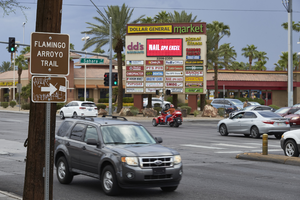 Flamingo Arroyo Trail sign at Nellis Bouleavard and East Sahara Avenue looking north, Clark County, Nevada: digital photograph