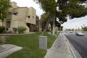Grass landscaping at the Pacific Harbors Sunrise Apartments on East Sahara Avenue near Nellis Boulevard, Clark County, Nevada: digital photograph