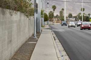 Sidewalks next to single family development on East Sahara Avenue near Nellis Boulevard, Clark County, Nevada: digital photograph