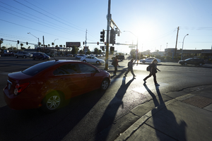 East Sahara Avenue and Maryland Parkway traffic and pedestrians, Las Vegas, Nevada: digital photograph