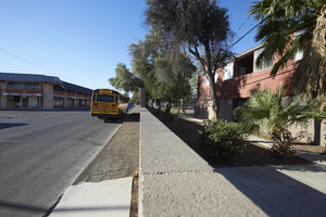 Walls and sidewalks at The Palms Apartments on State Street, looking south, Las Vegas, Nevada: digital photograph