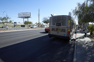 RTC bus stops for passengers on East Sahara Avenue near Joe W Brown Drive looking east, Las Vegas, Nevada: digital photograph