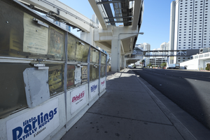 Smut magazine rack on Paradise Road south of East Sahara Avenue and Paradise Road looking south, Las Vegas, Nevada: digital photograph