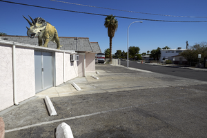 Triceratops at the Jewelry & Mineral-Las Vegas shop on East Sahara Avenue looking north, Las Vegas, Nevada: digital photograph