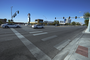 Crosswalk to Commercial Center on East Sahara Avenue looking southwest, Las Vegas, Nevada: digital photograph