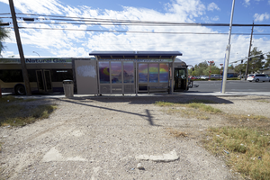 Bus stop on East Sahara Avenue looking south from vacant lot, Las Vegas, Nevada: digital photograph