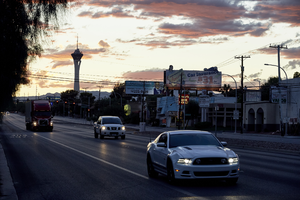 Traffic on East Sahara Avenue looking west at sunset, Las Vegas, Nevada: digital photograph