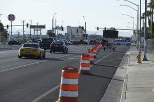 Traffic barrels on Fremont Street near East Sahara Avenue looking southeast, Las Vegas, Nevada: digital photograph