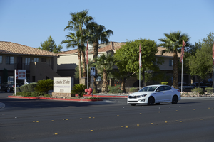 Arcadia Palms Apartments entrance on East Sahara Avenue near Sandhill Road looking south, Las Vegas, Nevada: digital photograph
