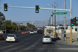 Bus stop at the intersection of East Sahara Avenue and Sandhill Road looking west, Las Vegas, Nevada: digital photograph
