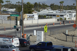 An elevated view of the Maycliff Senior Mobile Home complex of East Sahara Avenue and Sandhill Road looking north, Las Vegas, Nevada: digital photograph