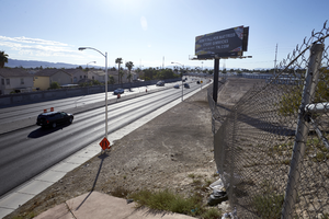 Traffic on East Sahara Avenue and the US 95 freeway overpass looking east, Las Vegas, Nevada: digital photograph