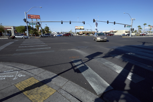 Traffic at the intersection of Boulder Highway / Fremont Street near East Sahara Avenue looking west, Las Vegas, Nevada: digital photograph