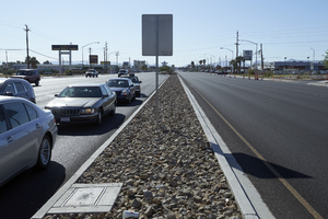 Median at Boulder Highway and East Sahara Avenue looking southeast, Las Vegas, Nevada: digital photograph