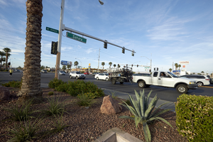 Desert landscaping at West Sahara Avenue and Decatur Boulevard looking southwest, Las Vegas, Nevada: digital photograph