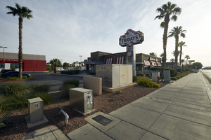 Utility boxes, looking northeast from West Sahara Avenue east of Decatur Boulevard, Las Vegas, Nevada: digital photograph
