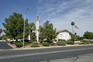 LDS church on Lindell Road north of West Sahara Avenue, looking northwest, Las Vegas, Nevada: digital photograph