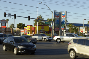 Traffic on West Sahara Avenue and Jones Boulevard, looking southwest, Las Vegas, Nevada: digital photograph