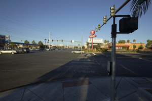 Traffic on West Sahara Avenue and Jones Boulevard, looking southwest, Las Vegas, Nevada: digital photograph