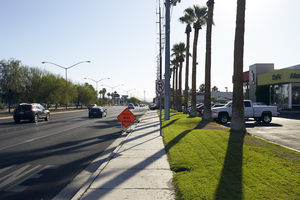 Traffic, sidewalks, and landscaping on West Sahara Avenue, looking east, Las Vegas, Nevada: digital photograph