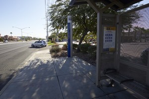 Bus stop on West Sahara Avenue east of Torrey Pines Drive, looking east, Las Vegas, Nevada: digital photograph