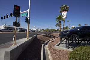 Car dealership on West Sahara Avenue at Steve Rigazio Court, looking southwest, Las Vegas, Nevada: digital photograph