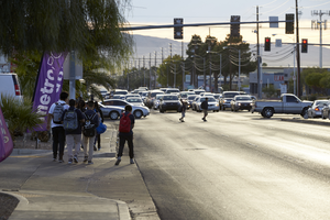 School children on East Sahara Avenue at Lamb Boulevard, looking east, Las Vegas, Nevada: digital photograph
