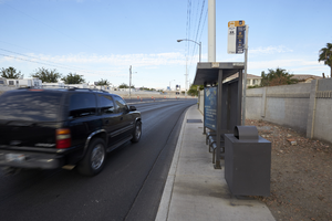 Bus stop on East Sahara Avenue west of Lamb Boulevard, looking west, Las Vegas, Nevada: digital photograph