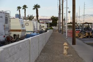 Maycliff RV & Mini Storage Park wall on East Sahara Avenue west of Lamb Boulevard, looking west, Las Vegas, Nevada: digital photograph