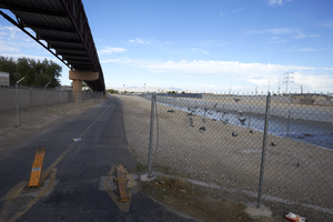 Bridge and Flamingo Wash as seen from Lamb Boulevard south of East Sahara Avenue, looking west, Las Vegas, Nevada: digital photograph