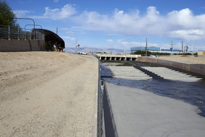 Bridge and Flamingo Wash cross Lamb Boulevard south of East Sahara Avenue, looking west, Las Vegas, Nevada: digital photograph