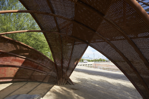 Flamingo Arroyo Trail wayside structure near Lamb Boulevard south of East Sahara Avenue, looking north, Las Vegas, Nevada: digital photograph