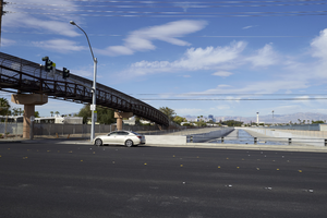 Flamingo Arroyo Trail system bridge crosses Lamb Boulevard south of East Sahara Avenue, looking west, Las Vegas, Nevada: digital photograph