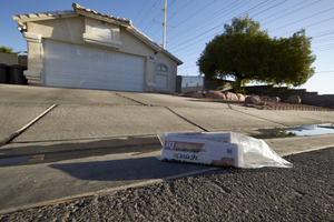 A Review-Journal newspaper in front of a house, looking north, Las Vegas, Nevada: digital photograph