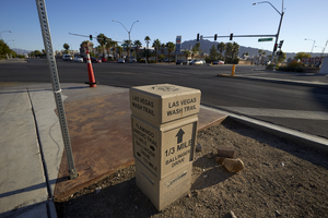 Trail maker at East Sahara Avenue and Sloan Lane, looking northeast, Las Vegas, Nevada: digital photograph