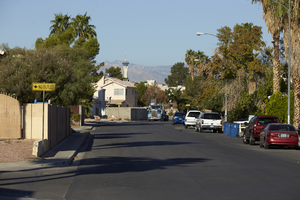 Slice Drive off Sloan Lane north of East Sahara Avenue with Stratosphere Tower, looking west, Las Vegas, Nevada: digital photograph