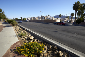 Landscaping and sidewalk treatment along Sloan Lane north of East Sahara Avenue, looking north, Las Vegas, Nevada: digital photograph