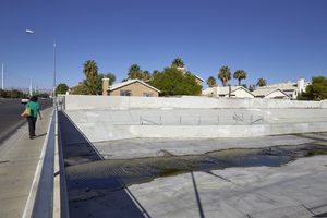 Pedestrian crossing Sloan channel at East Sahara Avenue east of Sloan Lane, looking west, Las Vegas, Nevada: digital photograph