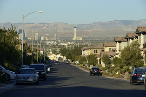 Young Sky Avenue with view of Stratosphere tower, looking west, Las Vegas, Nevada: digital photograph