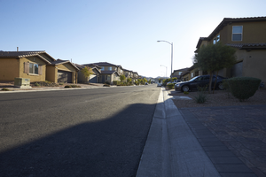 A roundabout that makes up the intersection of East Sahara Avenue and Hollywood Boulevard, looking south.: digital photograph