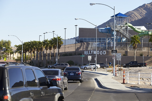 Traffic on Hollywood Boulevard north of East Sahara Avenue near Harney Middle School, looking northeast, Las Vegas, Nevada: digital photograph