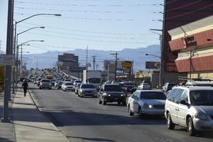 Traffic on West Sahara Avenue near Las Vegas Boulevard, looking west, Las Vegas, Nevada: digital photograph
