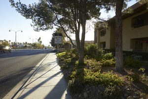 Sidewalks and landscaping on West Sahara Avenue east of Grand Canyon Drive, looking east, Las Vegas, Nevada: digital photograph