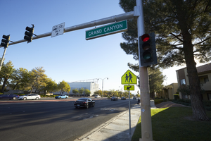 Traffic lights at West Sahara Avenue at Grand Canyon Drive, looking east, Las Vegas, Nevada: digital photograph