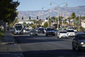 Traffic on West Sahara Avenue east of Fort Apache Road, looking west, Las Vegas, Nevada: digital photograph