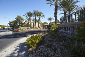 The Residence at Canyon Gate Apartments entrance on Fort Apache Road north of West Sahara Avenue, looking north, Las Vegas, Nevada: digital photograph