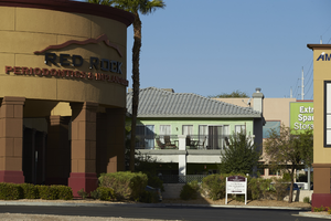 Extra Space Storage's 'live-in' quarters and commercial property along West Sahara Avenue west of Tenaya Way, looking west, Las Vegas, Nevada: digital photograph