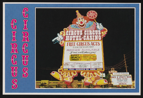 Circus Circus Hotel and Casino clown marquee, image 001: postcard