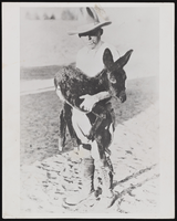Unidentified man in a cowboy hat holding a baby burro: black-and-white photographs