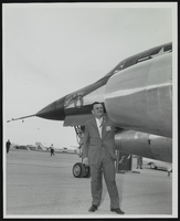 Howard Cannon inspects the intake on the J-79 engine on the United States Air Force's B-58 Hustler at the World Congress of Flight, Las Vegas, Nevada: photographic print
